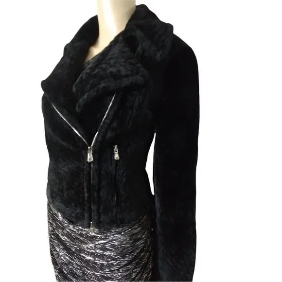 L'AGENCE Fur Moto Biker Crop Jacket Black New